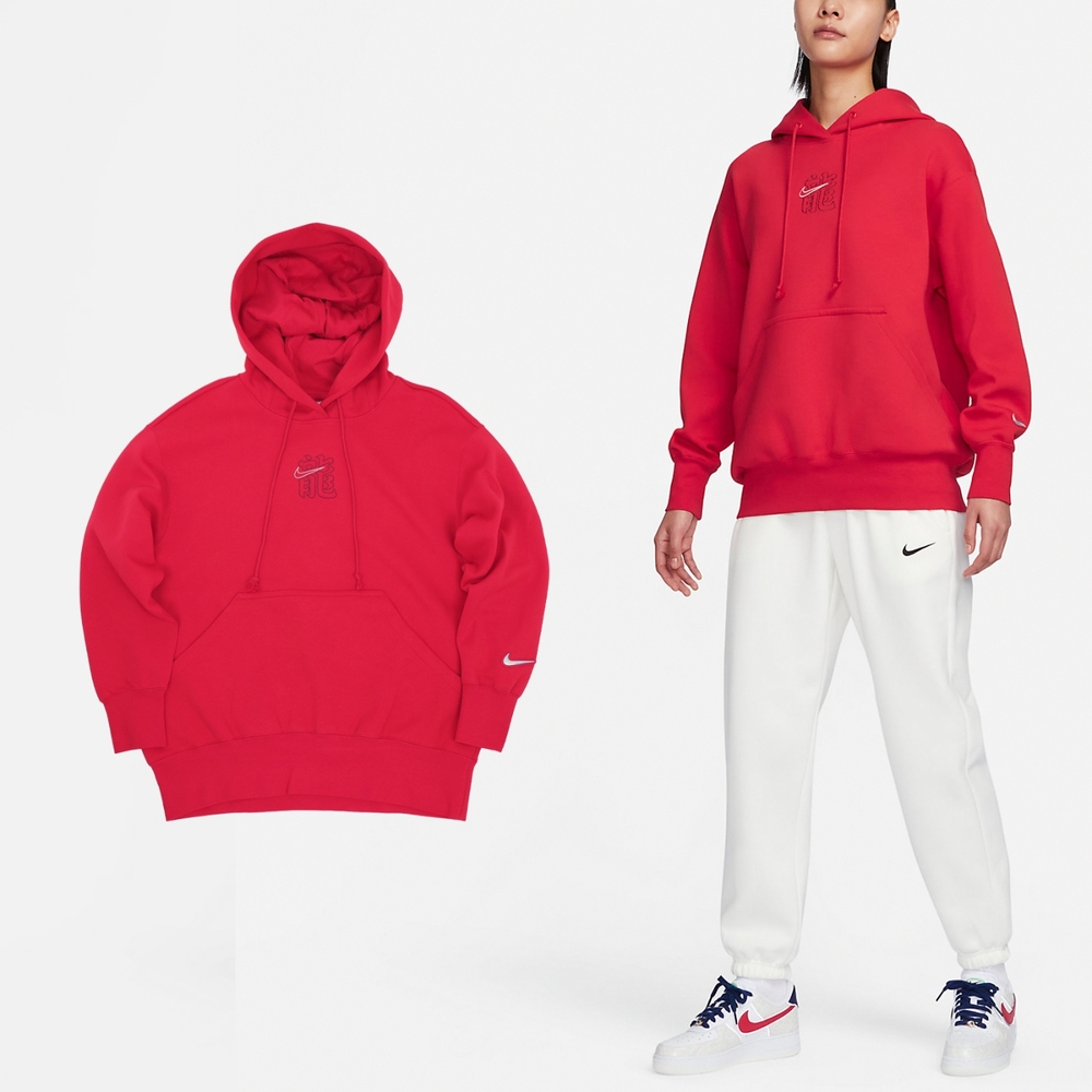 Nike 帽T NSW Fleece 女款 紅 白 CNY 龍年 刺繡 抽繩 寬鬆 連帽上衣 衛衣 FZ6559-657