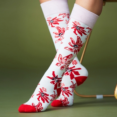 【GLORY21】網路獨賣款-法式時尚潮風高筒襪-白底紅花