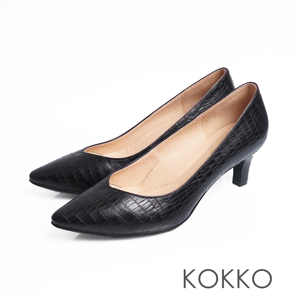 KOKKO優雅尖頭鱷魚壓紋羊皮粗跟鞋經典黑