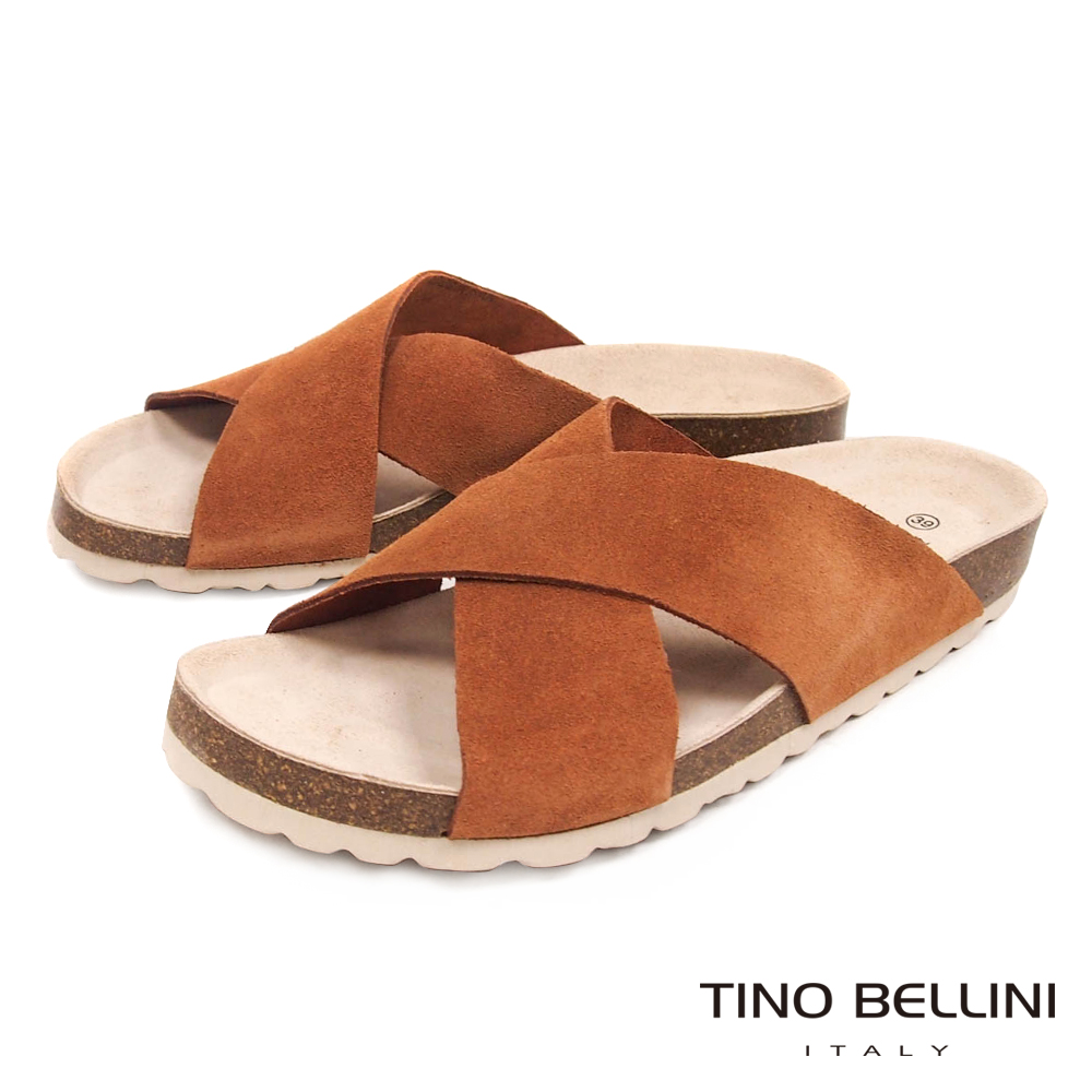 Tino Bellini 西班牙進口簡約真皮交叉平底涼拖鞋 _ 棕