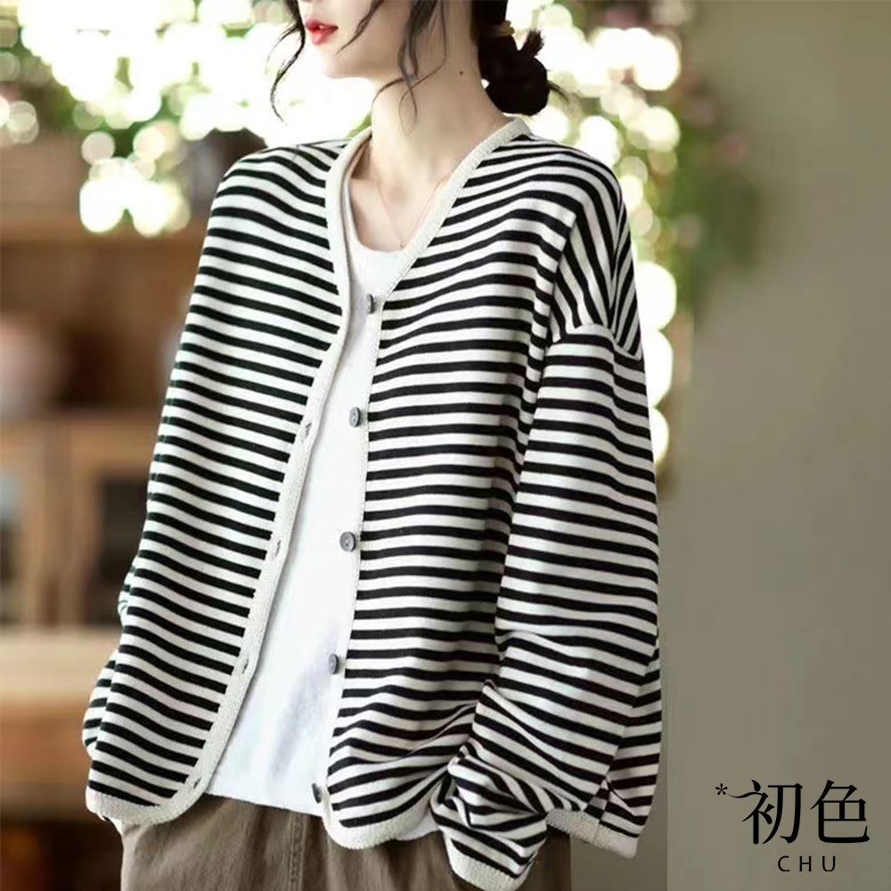 初色  黑白條紋寬鬆休閒罩衫外套-黑白條紋-64257(M-2XL可選)