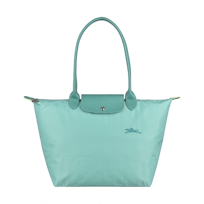 LONGCHAMP LE PLIAGE GREEN11奔馬刺繡LOGO再生尼龍摺疊拉鍊肩背包(大/藍綠)