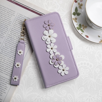 Aguchi 亞古奇 Apple iPhone 13 Pro Max (6.7吋) 花語 鉚釘立體花朵手機皮套 頂級柔軟皮革 附皮質璀璨吊飾 - 柔紫