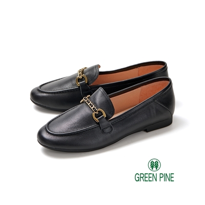 GREEN PINE簡約鎖鏈真皮平底靜音樂福鞋黑色(00311510)