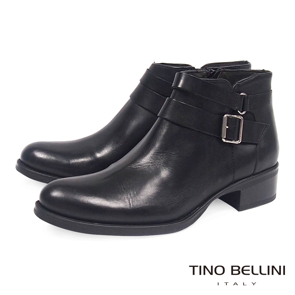 Tino Bellini雙皮帶全真皮低跟短踝靴_黑