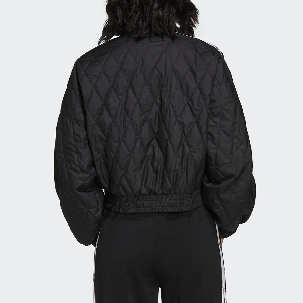 adidas 外套 Quilted Track Top 女款 愛迪達 三葉草 立領 短版 穿搭 黑 白 H43916