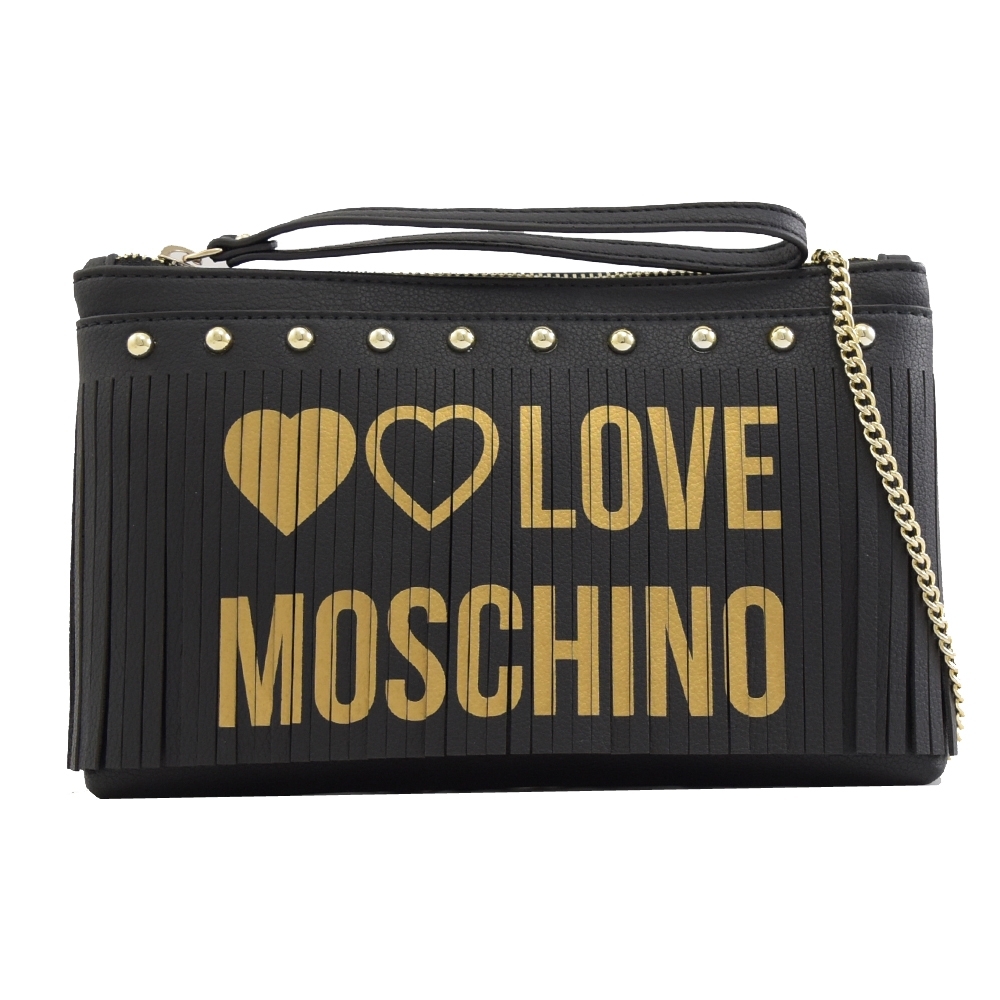 MOSCHINO LOVE系列LOGO流蘇斜背練包/手拿包(黑)