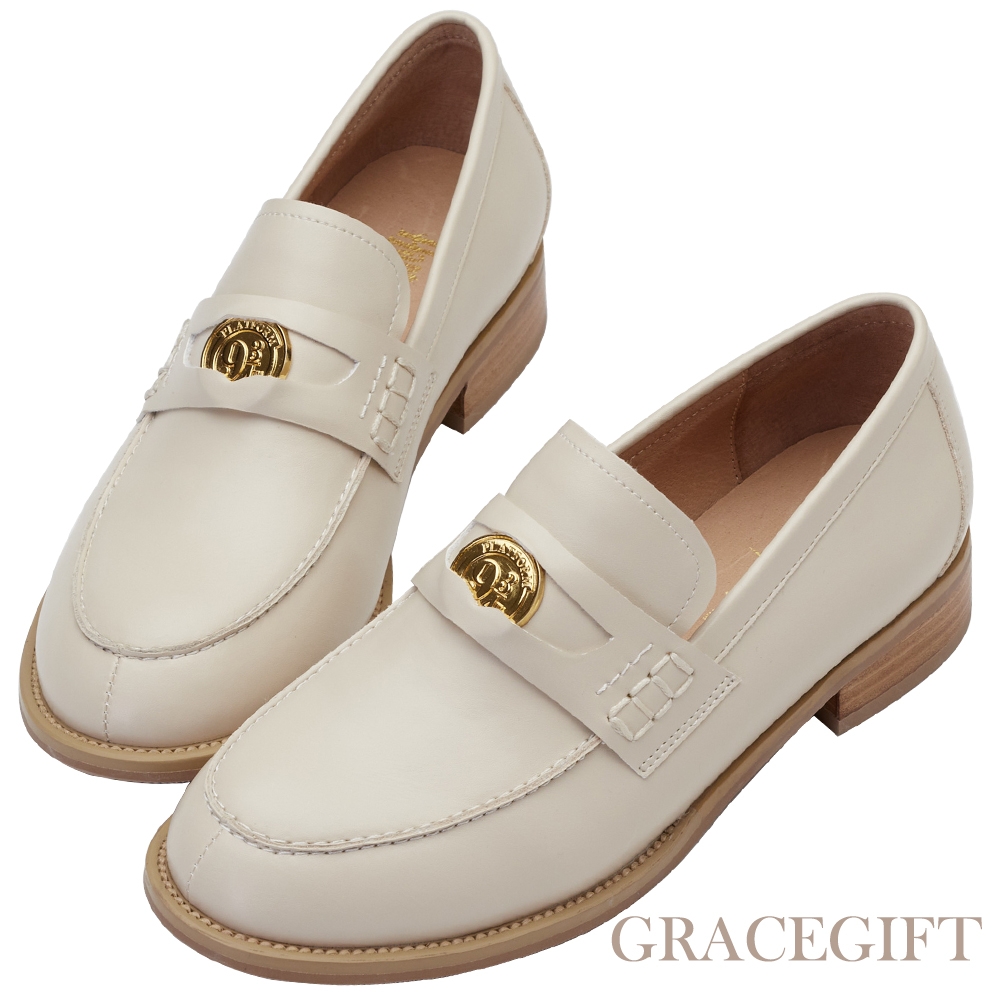 【Grace Gift】哈利波特霍格華茲學院便仕低跟樂福鞋 米白 product image 1