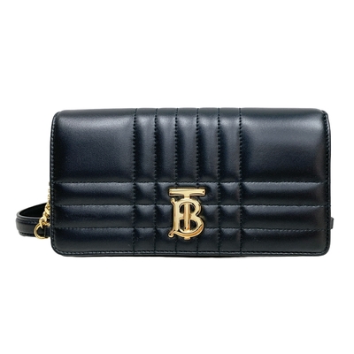 BURBERRY 經典Lola TB LOGO 絎縫羊皮鍊帶翻蓋斜背包 黑色