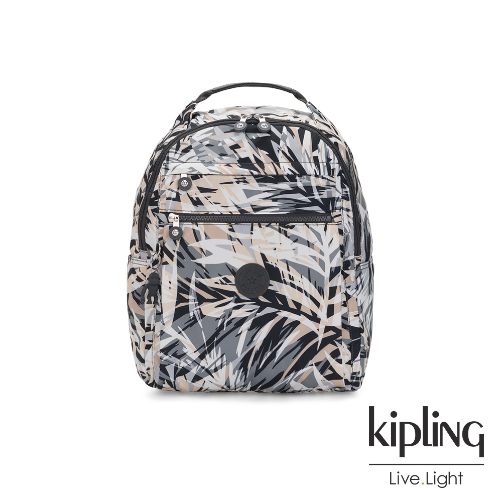 Kipling 夏日棕櫚印花多袋實用後背包-MICAH