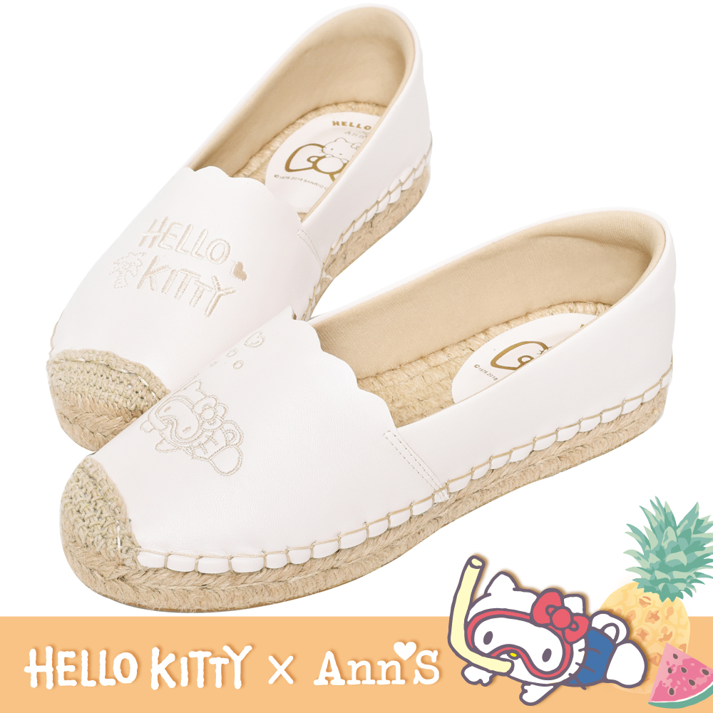 HELLO KITTY X Ann’S鳳梨單色刺繡小花邊平底草編鞋-米白