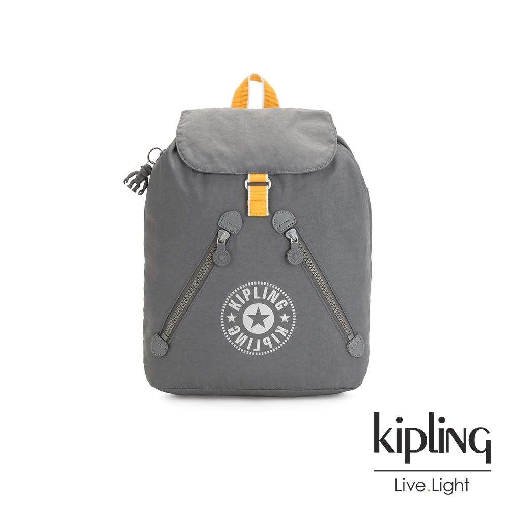 Kipling 質地灰品牌經典圓標抽繩束口後背包-FUNDAMENTAL NC