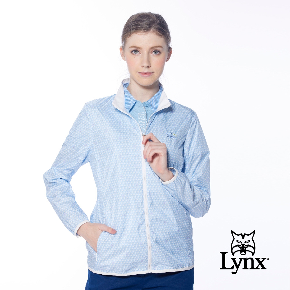 【Lynx Golf】女款滿版高爾夫球LYNX字樣印花隱形拉鍊口袋長袖外套-淺藍色