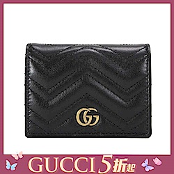 GUCCI Marmont 斜紋行縫牛皮紋復古金屬LOGO零錢包短夾(黑色)