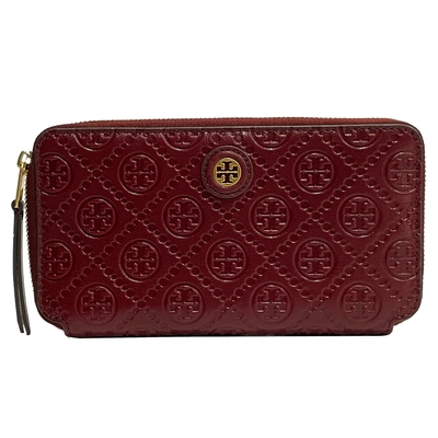 TORY BURCH 金字LOGO壓印牛皮拉鍊零錢袋長夾(貴妃紅)