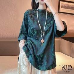 初色 復古中國風碎花印花寬鬆顯瘦蝙蝠袖上衣-墨綠色-32932(M-2XL可選)