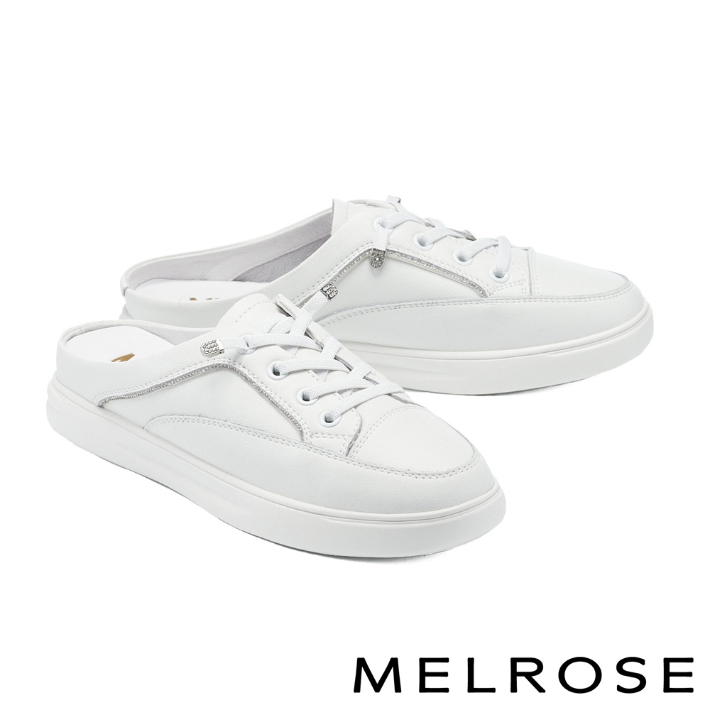 (換季出清美鞋)拖鞋 MELROSE 率性晶鑽彈力鞋帶全真皮厚底休閒拖鞋－白