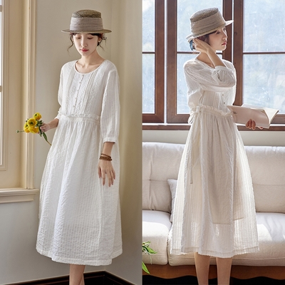 鹽縮泡泡肌理純亞麻洋裝小白裙-設計所在-獨家高端限量系列