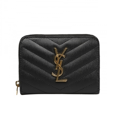 SAINT LAURENT YSL Monogram 皮革 拉鍊 釦式 短夾 卡夾 零錢包 金字 皮夾 黑色