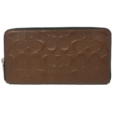 COACH 中性男款壓印 LOGO後口袋全皮革ㄇ型拉鍊長夾(焦糖)