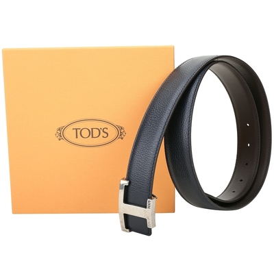 TOD’S Timeless 30mm T釦雙面兩用荔紋牛皮腰帶(深藍x咖啡色)