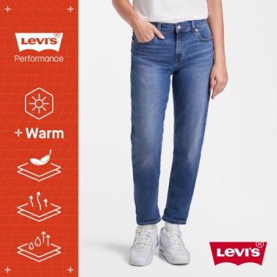 Levis 女款 中腰修身窄管牛仔長褲 WARM JEANS 機能保暖內刷毛 中藍刷白 及踝款 彈性布料
