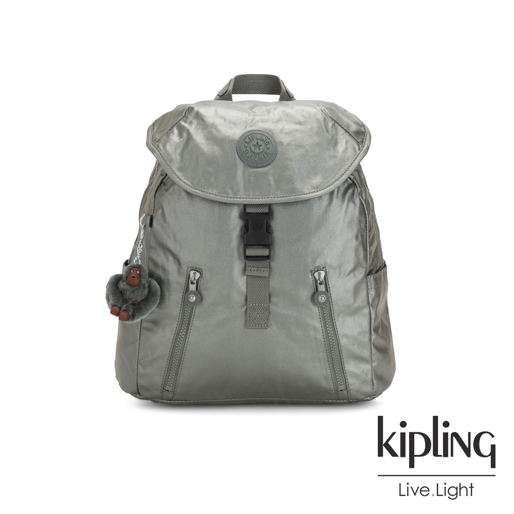 Kipling 個性金屬銀灰色前扣翻蓋後背包-ZAKARIA