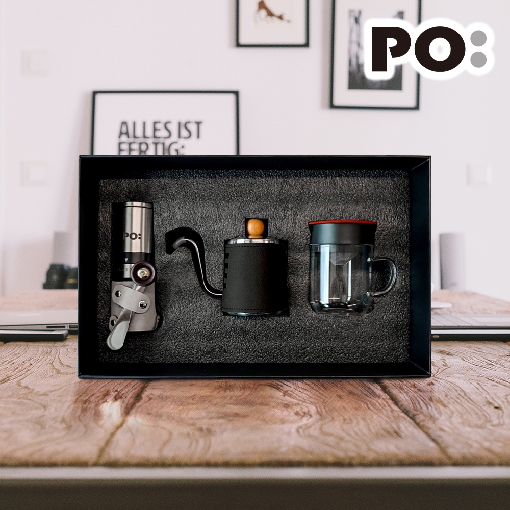 【PO:Selected】丹麥手沖咖啡三件禮盒組2.0(咖啡壺-黑/玻璃杯240ml-紅/咖啡磨2.0)