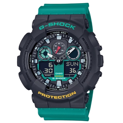 CASIO 卡西歐 G-SHOCK 錄音帶繽紛標籤方形時尚潮流電子錶 黑綠 GA-100MT-1A3_51.2mm