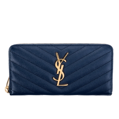 YSL Saint Laurent MONOGRAM 斜紋壓荔枝紋金釦拉鍊長夾 (深藍)