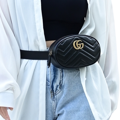 GUCCI 古馳 Marmont縫線牛皮金屬GG LOGO腰包(黑)