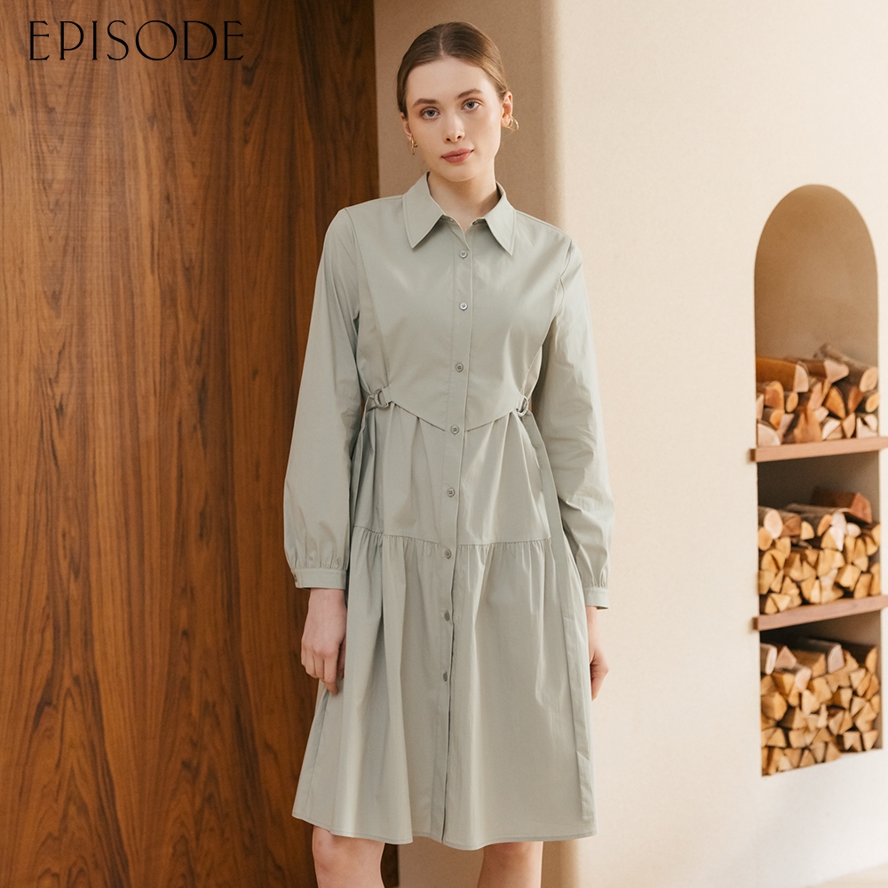 EPISODE - 休閒寬鬆腰帶棉質襯衫裙長洋裝E35706（綠）