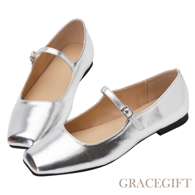 【Grace Gift】氣質方頭瑪莉珍芭蕾平底鞋 銀