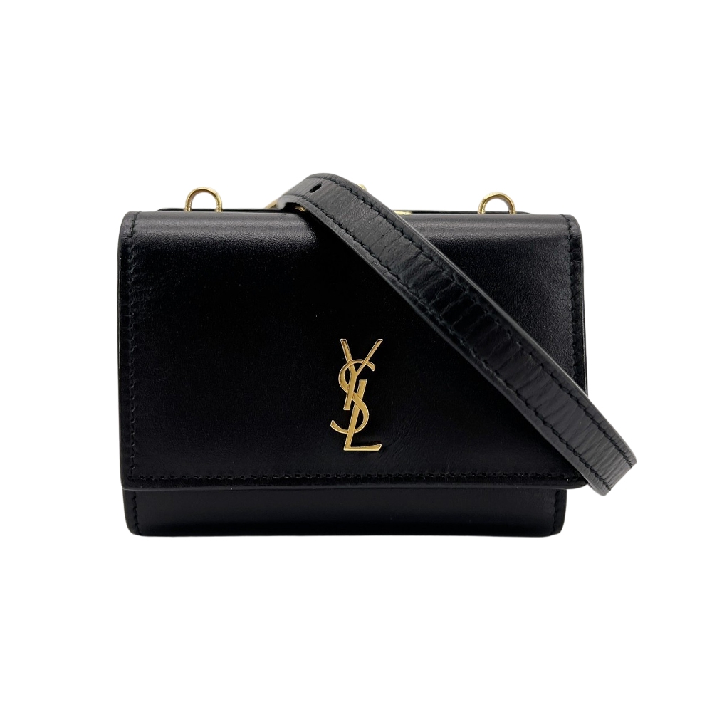 二手品 YSL 珠釦短夾鍊帶斜背/腰包(660786-黑)