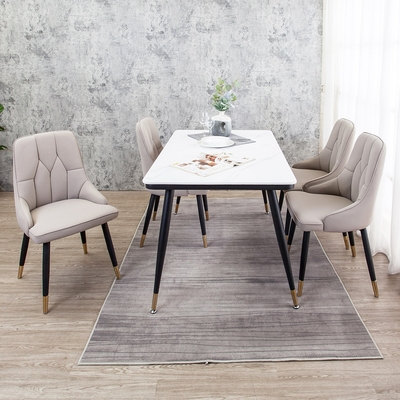 Boden-凱思4.3尺工業風白色岩板餐桌+奧瑞工業風米色耐刮皮革餐椅(一桌四椅)-130x81x75cm
