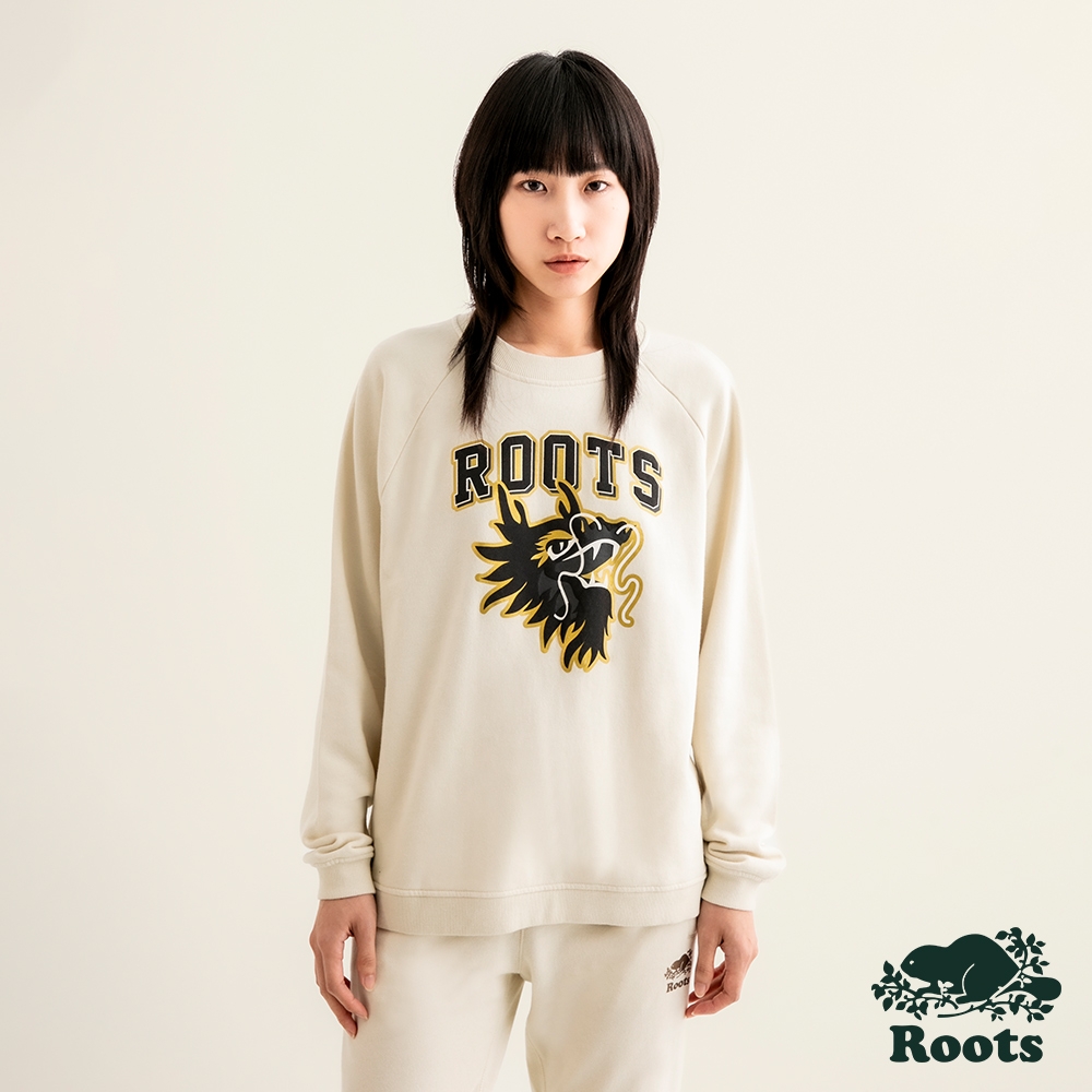 Roots 女裝-舞龍新春系列 毛圈布寬版圓領上衣-杏仁奶白