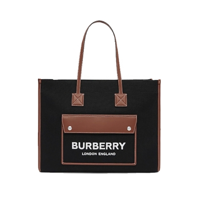 【BURBERRY 巴寶莉】80557471 經典LOGO Freya雙色帆布皮革中型購物包媽媽包(棕色)