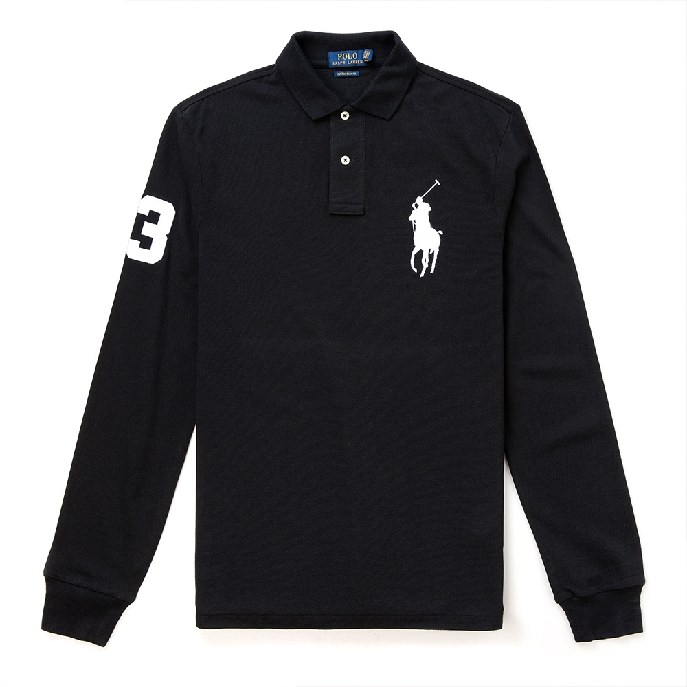 Ralph Lauren Polo 經典刺繡大馬長袖POLO衫(CUSTOM SLIM FIT)-黑色| 帽