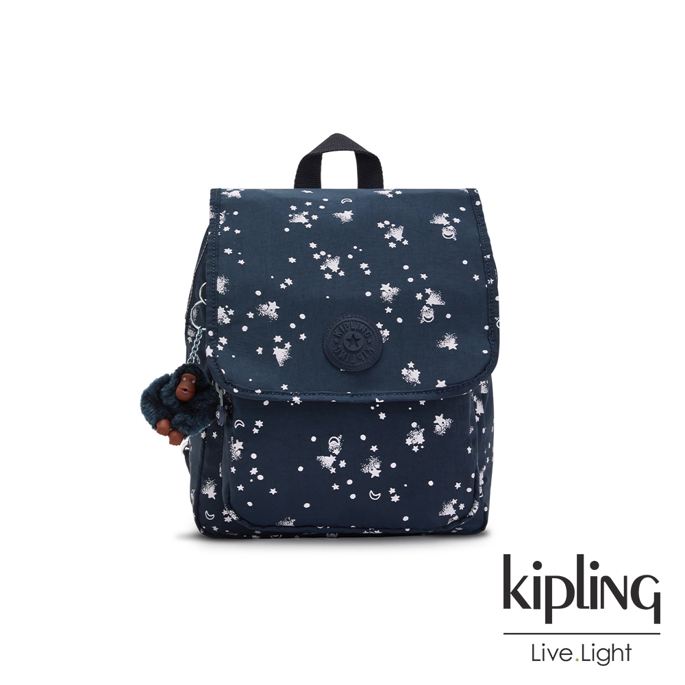 Kipling 清新黑點綴星星印花翻蓋式後背包-REMEE