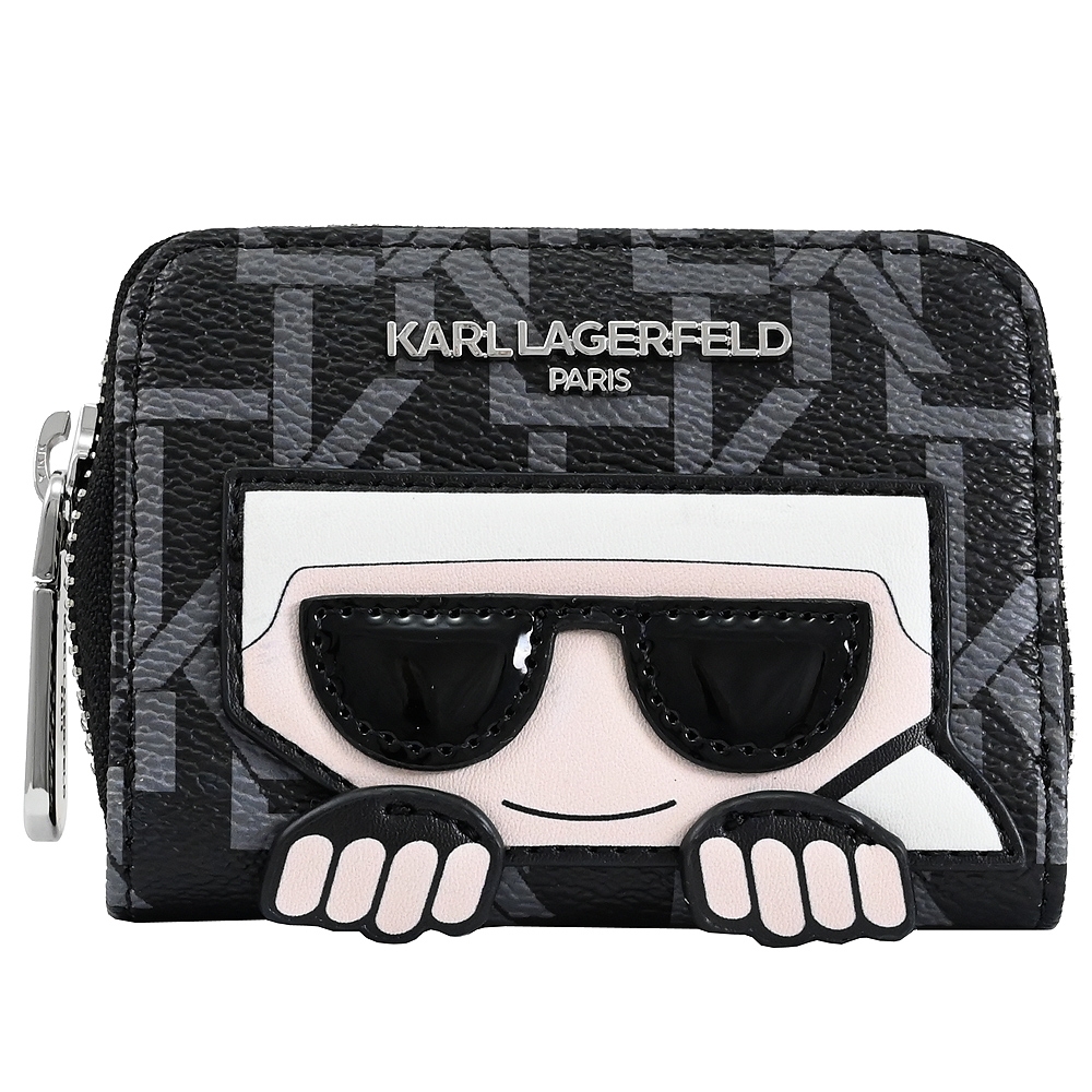 KARL LAGERFELD 卡爾公仔幾何印花ㄇ字拉鍊卡夾零錢包(黑灰)