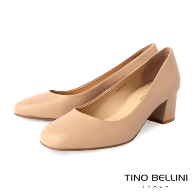 Tino Bellini 巴西進口復古女伶圓頭5CM粗跟鞋_米