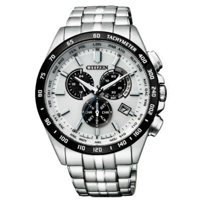 CITIZEN GENT S光動能起程追風計時手錶-銀X白(CB5874-90A)