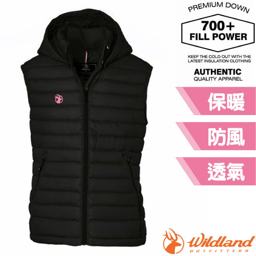 荒野 WildLand 女新款 700FP可回溯羽絨連帽保暖背心_黑色