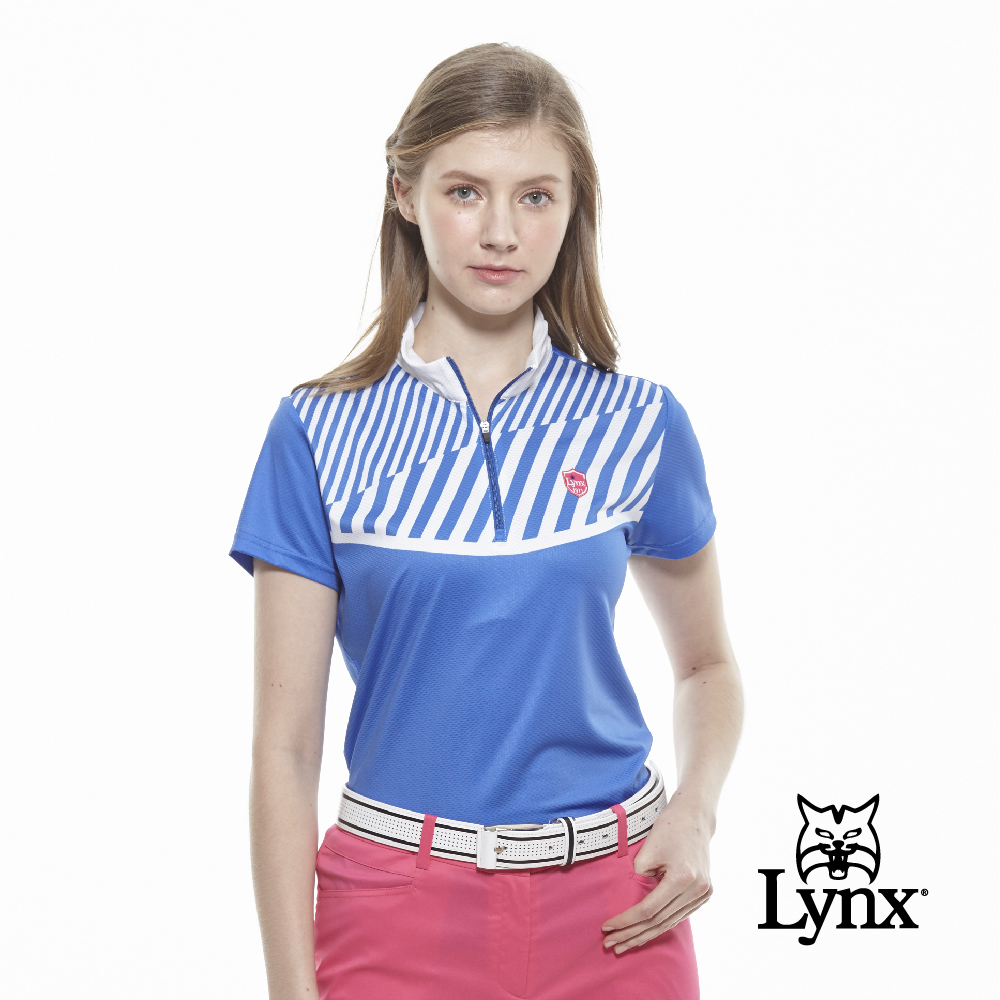 【Lynx Golf】女款吸濕排汗合身版粗細斜條印花短袖立領POLO衫-寶藍色