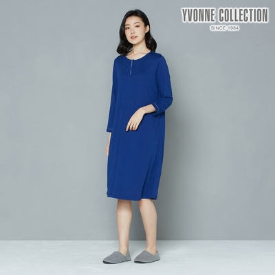 YVONNE 【暖薑纖維】出芽細節七分袖洋裝-午夜藍