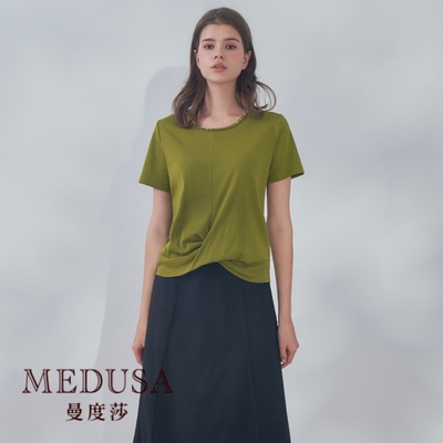 現貨【MEDUSA 曼度莎】I Care 交叉下襬酪梨綠休閒上衣（F）｜女上衣 女短袖上衣 T恤