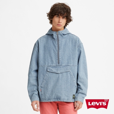 Levis 男款 半開襟牛仔連帽罩衫 / 泡泡紗丹寧涼爽透氣 / 彈力收縮下擺