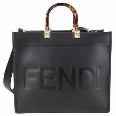 FENDI 芬迪 Sunshine 中型 字母烙印小牛皮玳瑁提柄兩用托特包(黑色)