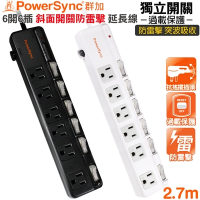 群加 PowerSync 六開六插 斜面開關 防雷擊抗突波延長線/2.7m(TPS366BN0027黑色)/(TPS366BN9027白色)