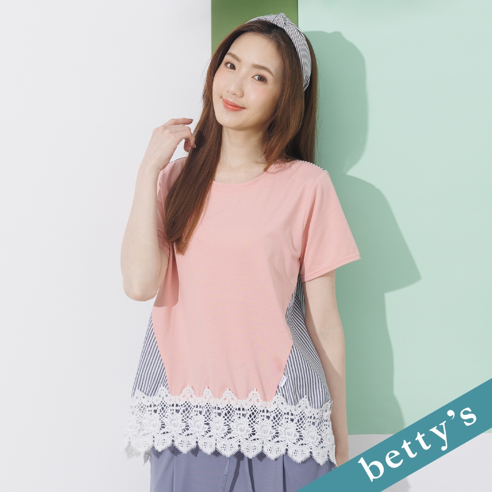 betty’s貝蒂思　條紋拼接蕾絲短袖上衣(淺粉色)